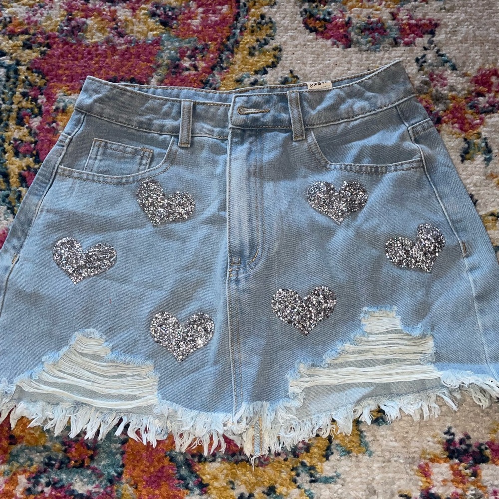 SHEIN Light Blue Denim Skirt with Silver Heart Details